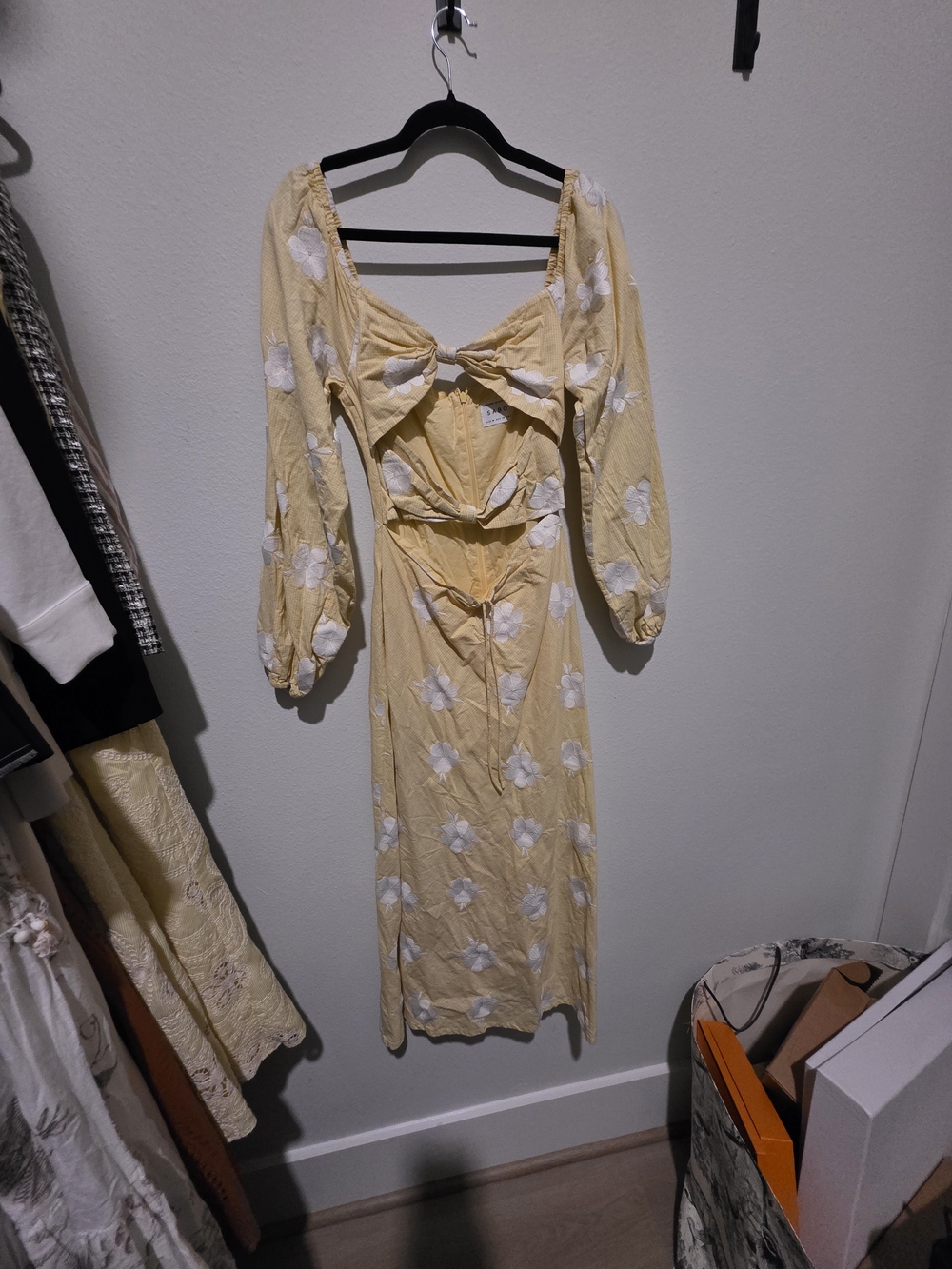 Sunshine Yellow Floral Midi Dress with Tie-Front Detail